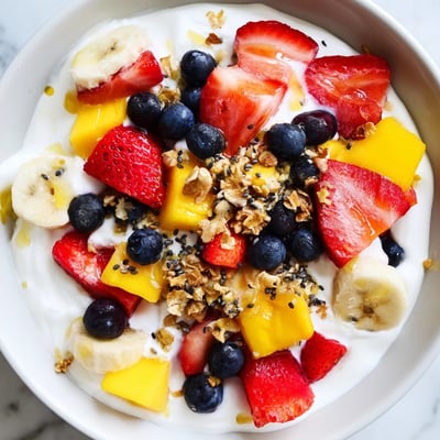 Thick Greek yogurt loaded with fresh mango, banana slices, and chia seeds