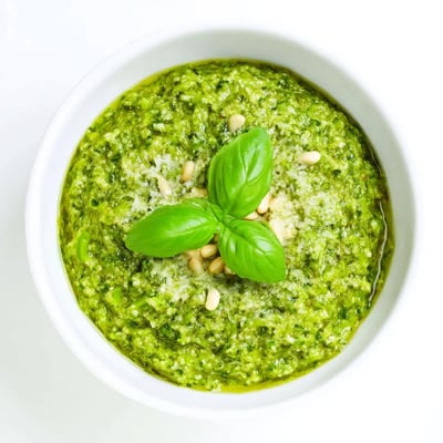 Creamy garlic scape pesto spread on crusty bread topped with pine nuts  