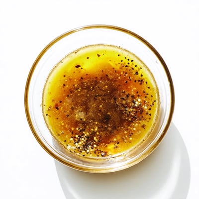 Smooth honey vinaigrette dressing whisked in a glass jar with olive oil.  