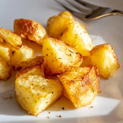 A rustic wooden board piled high with hot roasted potatoes and fresh parsley.