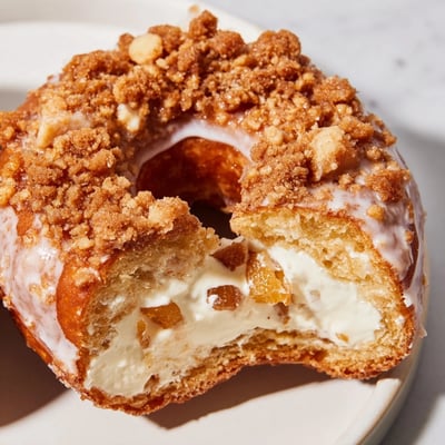 Fried peach cobbler cheesecake donuts filled with creamy cheesecake and sweet peaches  