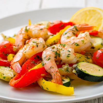 Savory garlic butter shrimp roasted with colorful peppers and zucchini on a pan  